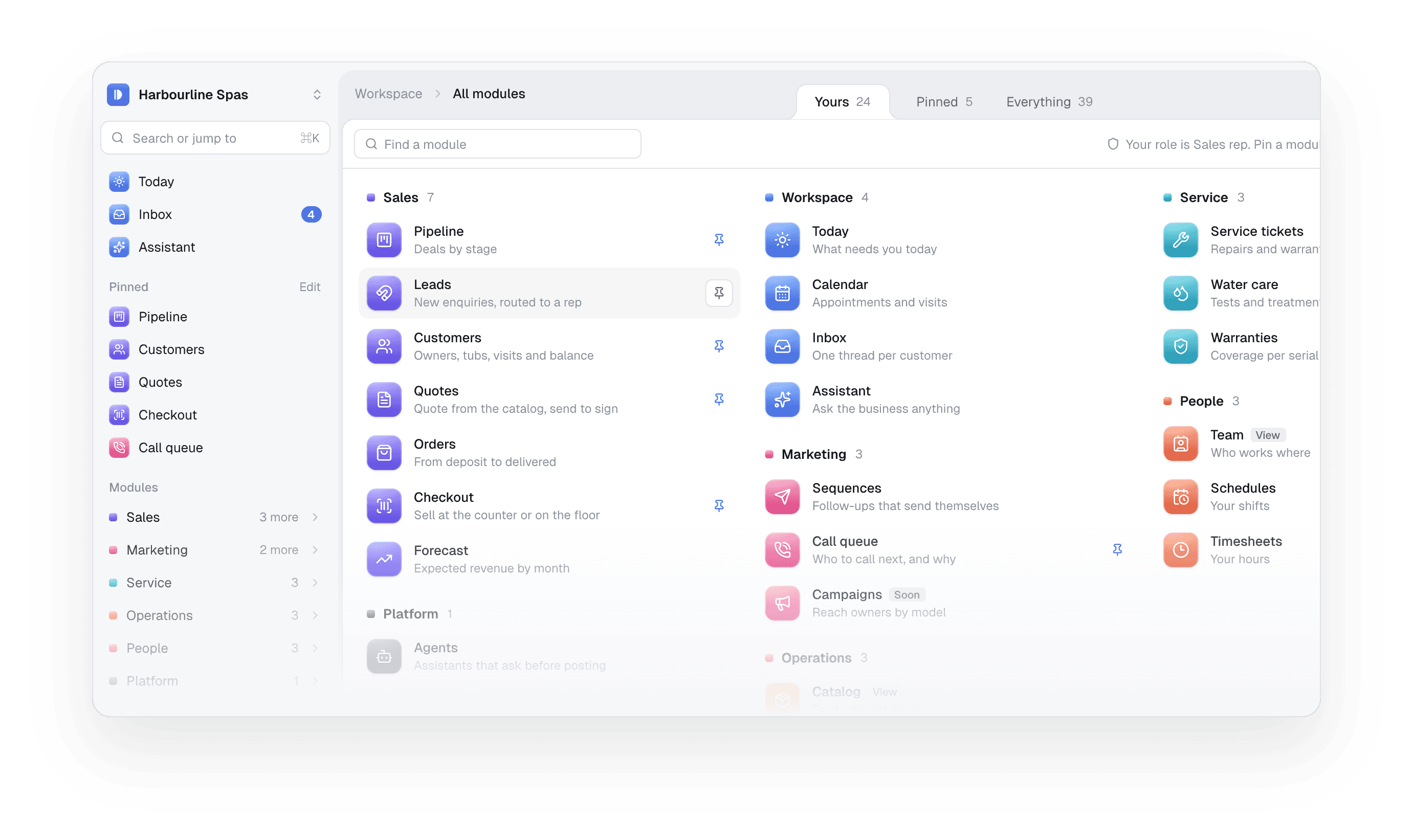 Daylight's All modules screen for a sales rep at Harbourline Spas: pinned modules in the sidebar and every module grouped by category.